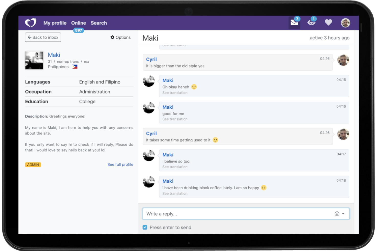 Interface de discussion de My Transgender Date affichant un échange en temps réel entre deux membres, conçue pour les rencontres trans.