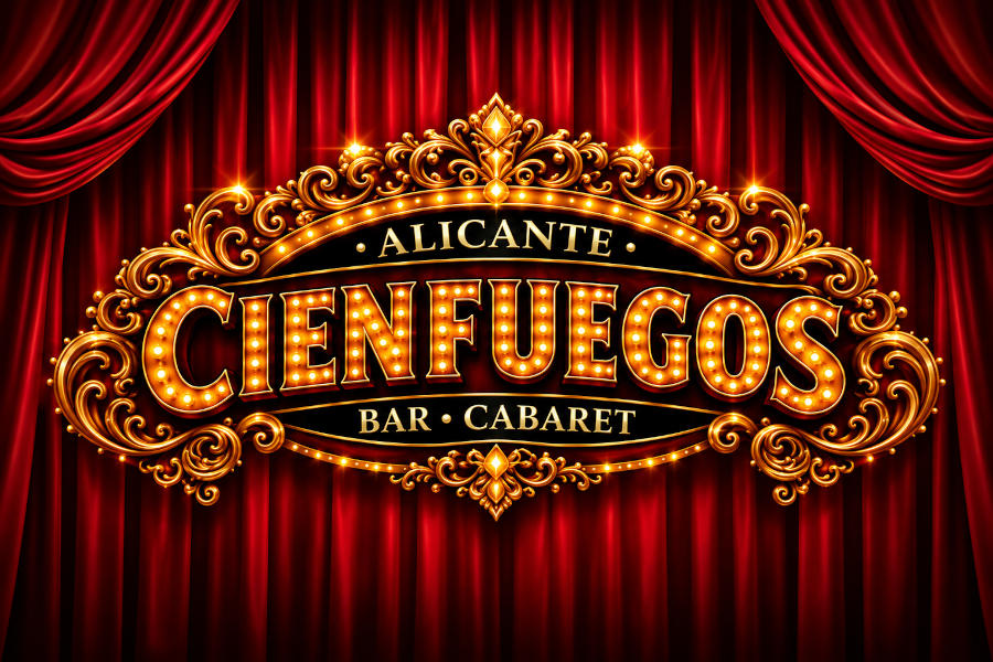 Logo de Cienfuegos Bar con un elaborado marco dorado y letras doradas sobre cortinas rojo intenso.
