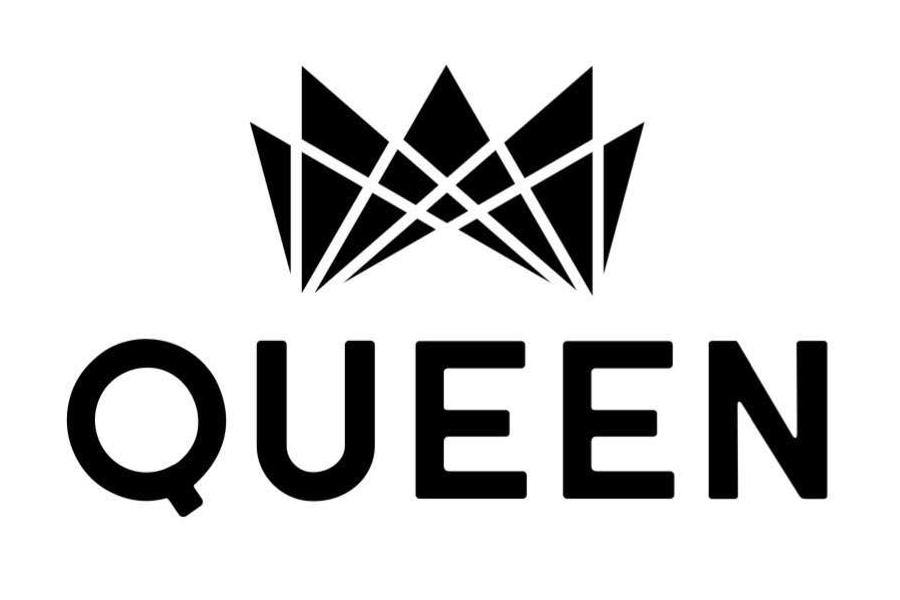 Minimalist Queen Disco logo with a geometric crown design positioned above the venue name in bold black uppercase letters.