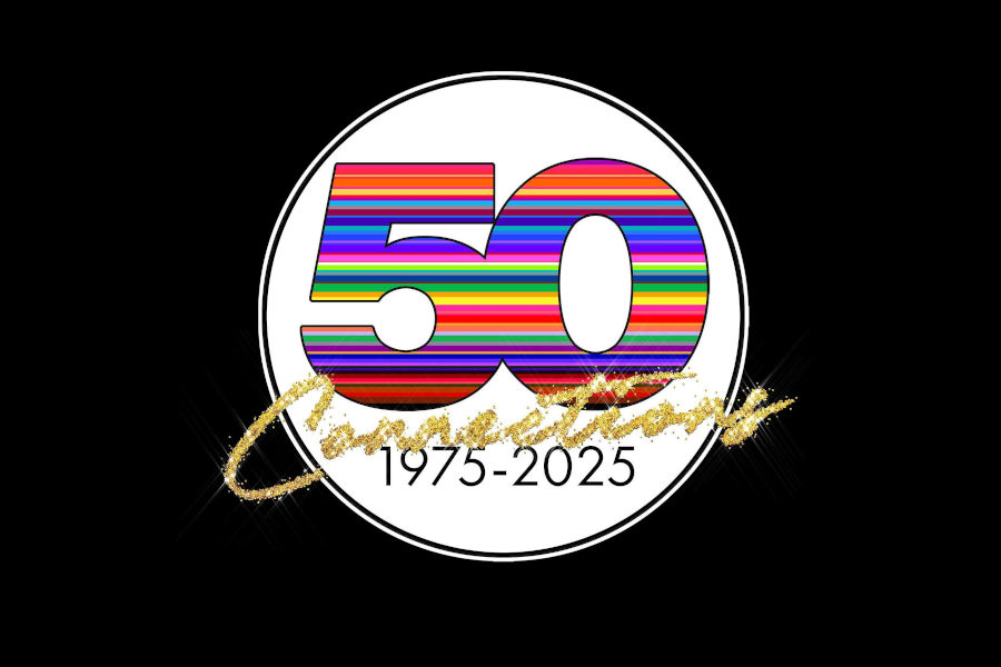 Rainbow-striped “50” logo celebrating the 50th anniversary of Connections Nightclub in Perth. Connections celebrates 50 fabulous years