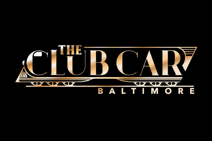 Gold and black logo of The Club Car Baltimore featuring train wheels and elegant serif typography.