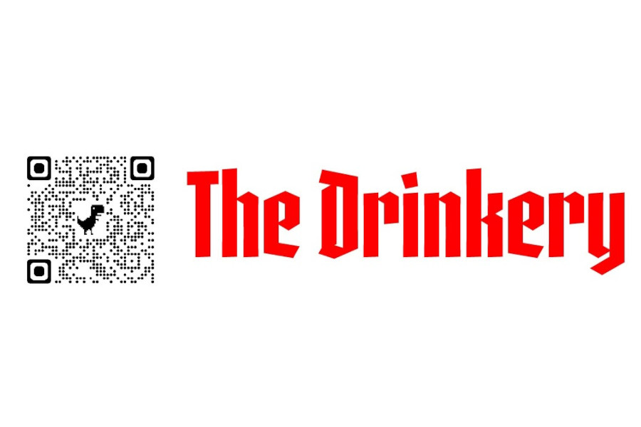 Stylized red logo reading “The Drinkery” with black-and-white QR code beside.