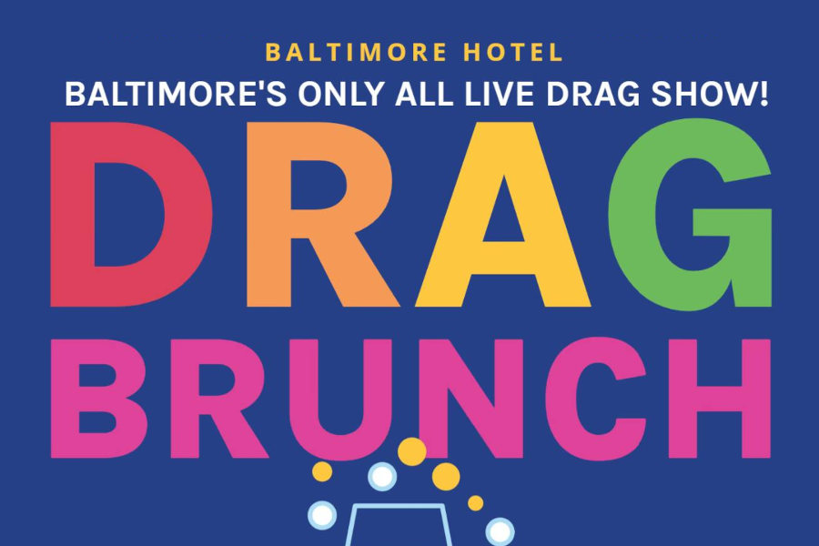 Event flyer for Baltimore’s only all-live drag show, with champagne glass graphic and rainbow text.