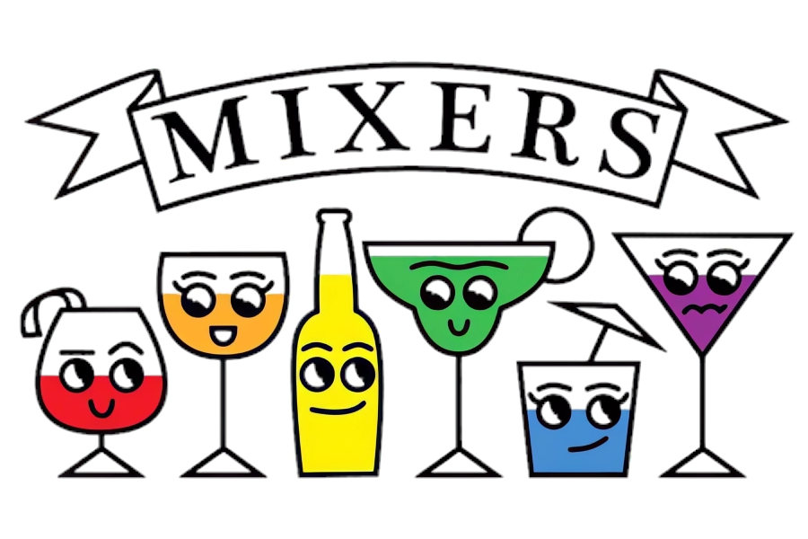 Cartoon-style logo for Mixers bar featuring smiling drink glasses with eyes under a banner.