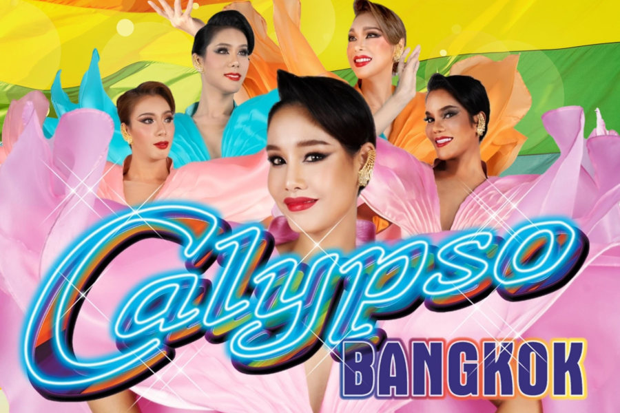 Promotional image for Calypso Cabaret Bangkok showing five performers in colourful gowns on a rainbow flag background.