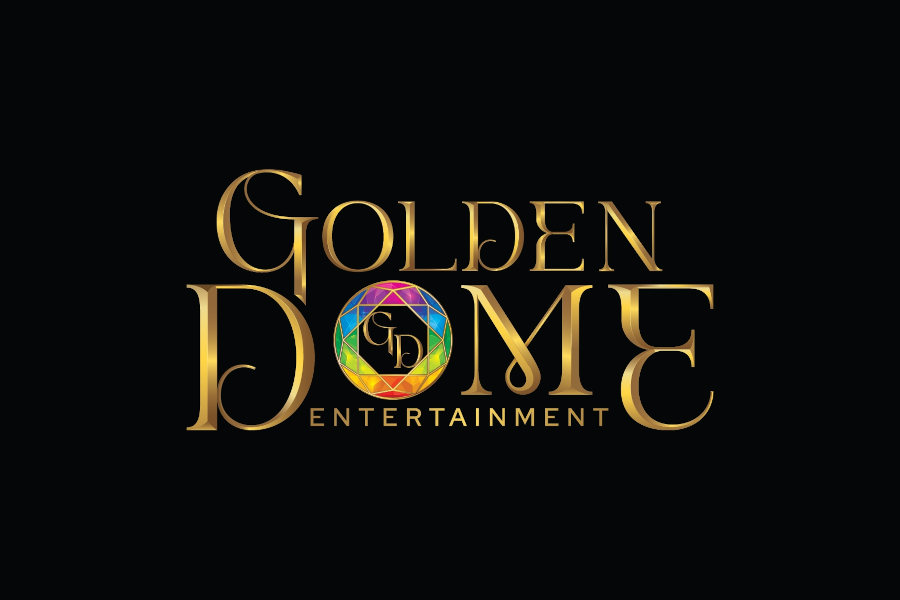 Logo of Golden Dome Entertainment featuring stylized golden text and multicolor gem centrepiece on dark background.