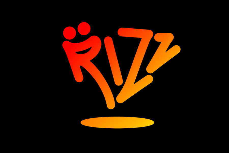Rizz Dance Club 的标识采用红至金的渐变色设计，黑色背景上融入了人物图案。