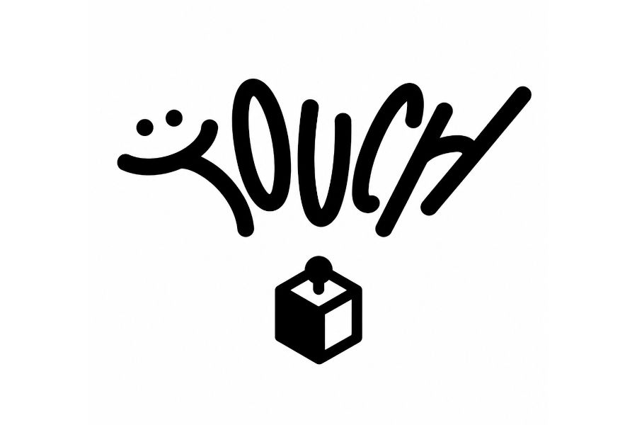 Touch 舞蹈俱乐部标识：在纯白色背景中央，一个几何立方体符号上方，配有活泼的黑色花体字。
