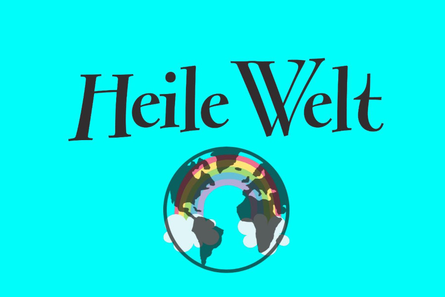 Graphic design of a globe surrounded by rainbow and clouds with “Heile Welt” written above.