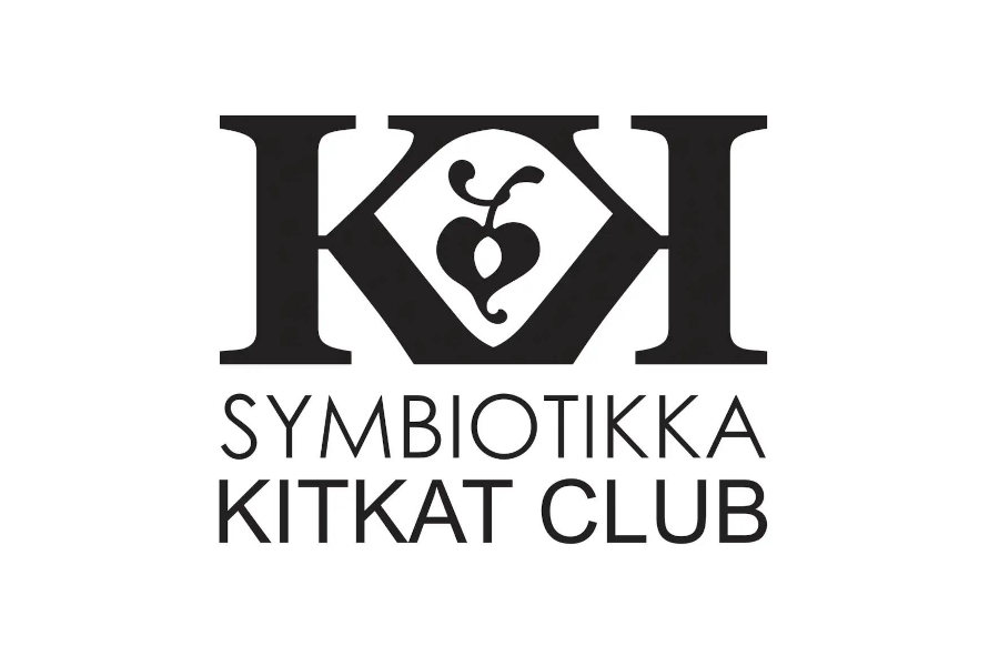 Symbiotikka logo from KitKat Club, with black initials and a central heart-like symbol on a white background.