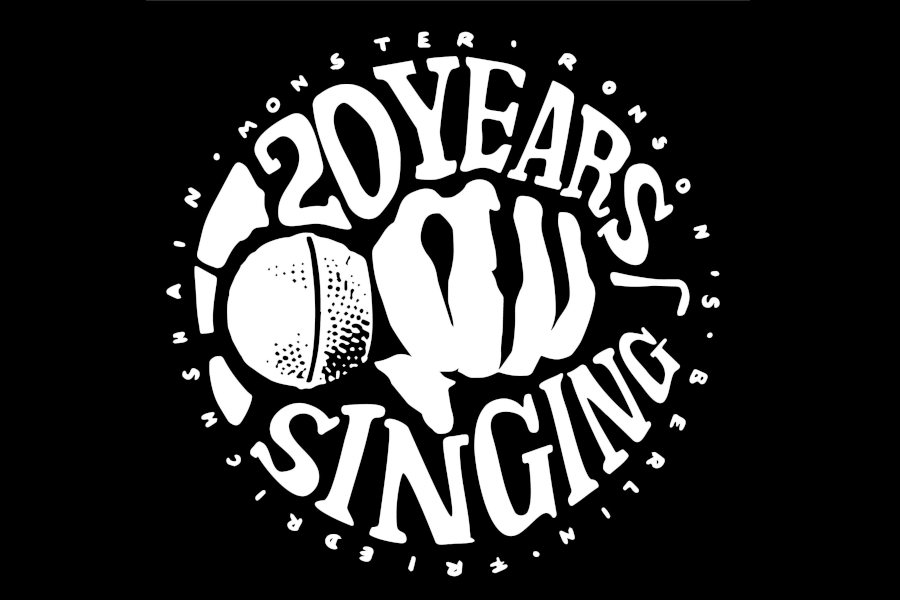 Black and white graphic logo with bold text “20 years of singing” for Monster Ronson’s Ichiban Karaoke.