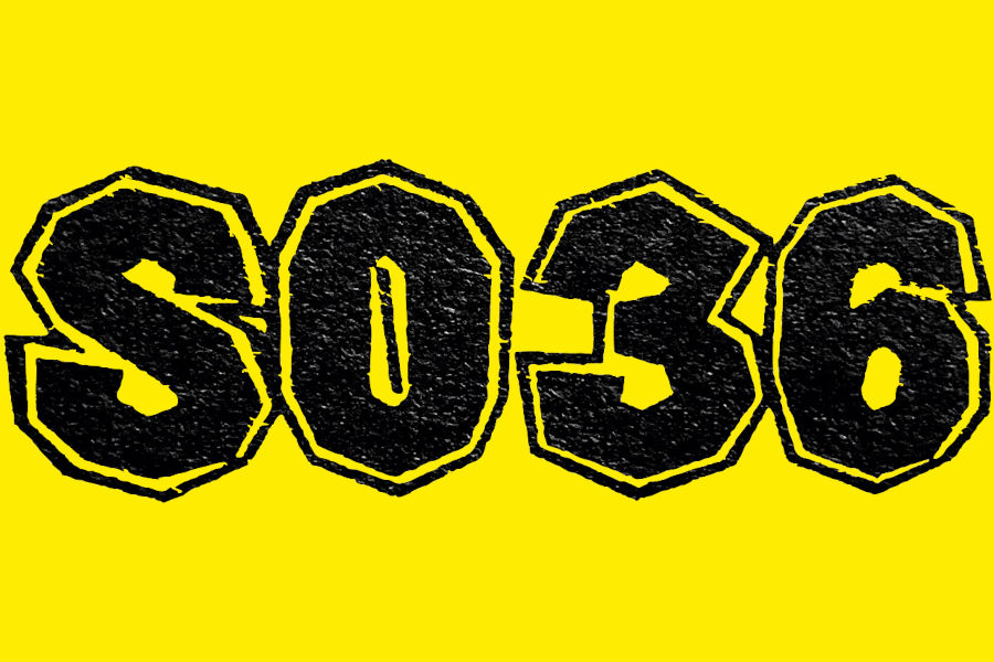 Graphic of SO36 club logo in thick black letters on bright yellow background.