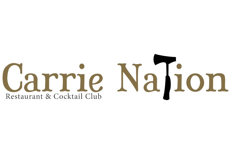 Logo of Carrie Nation featuring elegant gold lettering with a black hatchet replacing the letter “t” on a white background.