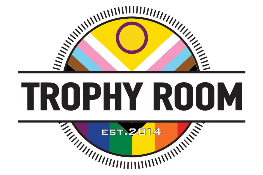 Logo of Trophy Room featuring bold black lettering over a circular emblem with rainbow-colored stripes and geometric patterns.