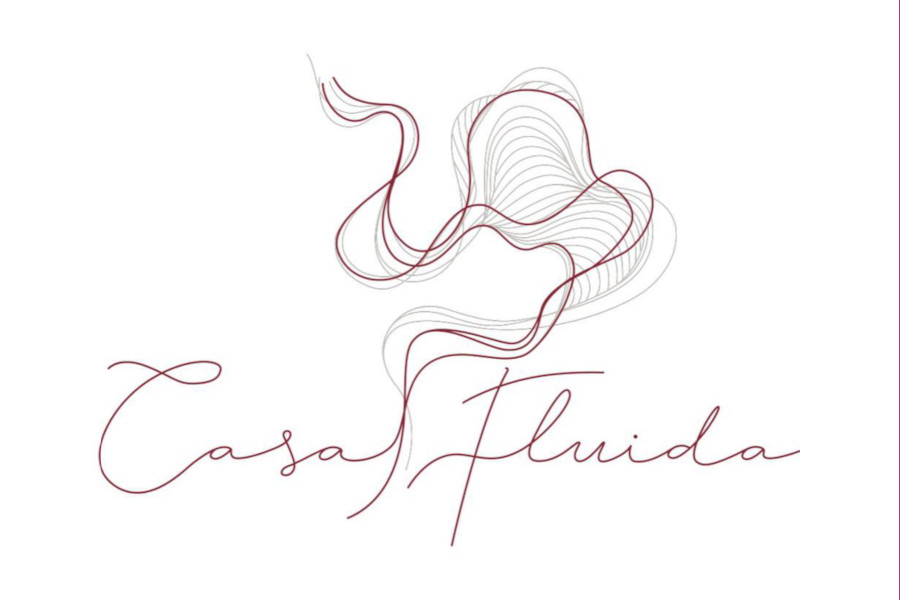 Abstract logo of Casa Fluida with flowing red lines and cursive name, on a white background.