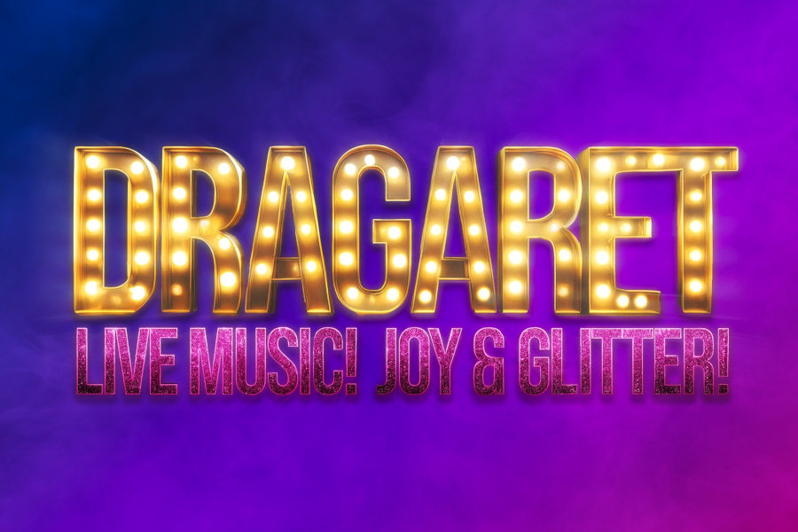 Logo de Dragaret con luces y brillos que simulan una marquesina y un texto que dice “Live Music! Joy & Glitter!” sobre un fondo púrpura y rosado.