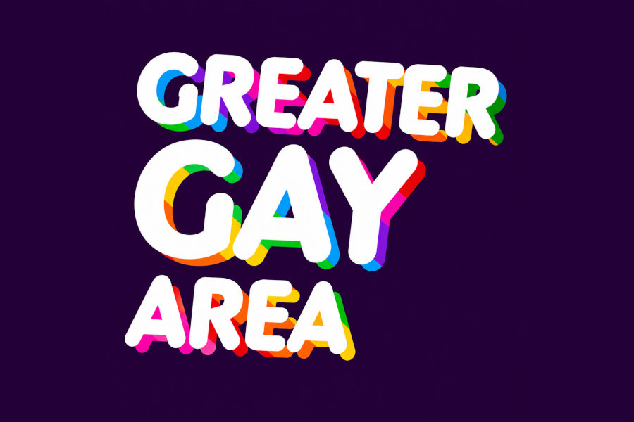 Greater GAY Area 的标识，深紫色背景上印有醒目的白色字样，并带有彩虹阴影效果。
