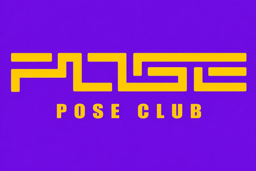 POSE Club的标识，以明亮的紫色渐变背景为中心，上方配有风格化的金色字体。