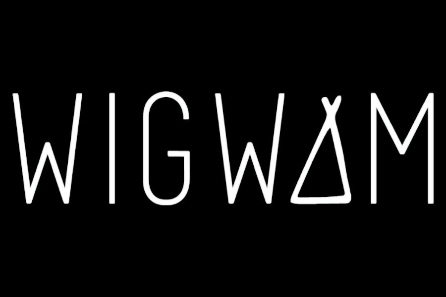 Minimalist white Wigwam logo on a solid black background, featuring tall letters and a triangle-shaped “A.”