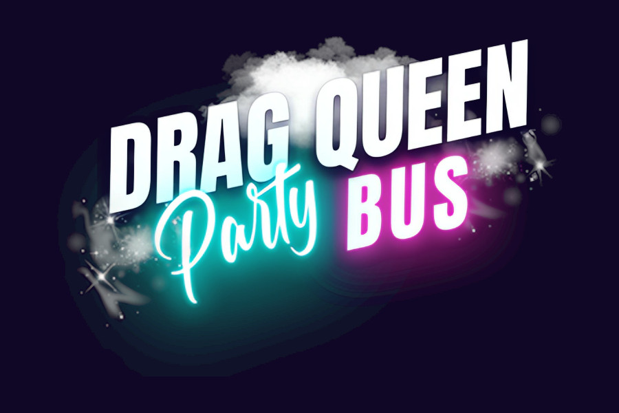 Logo of Drag Queen Party Bus featuring bold white lettering with glowing turquoise and pink accents on a dark background.