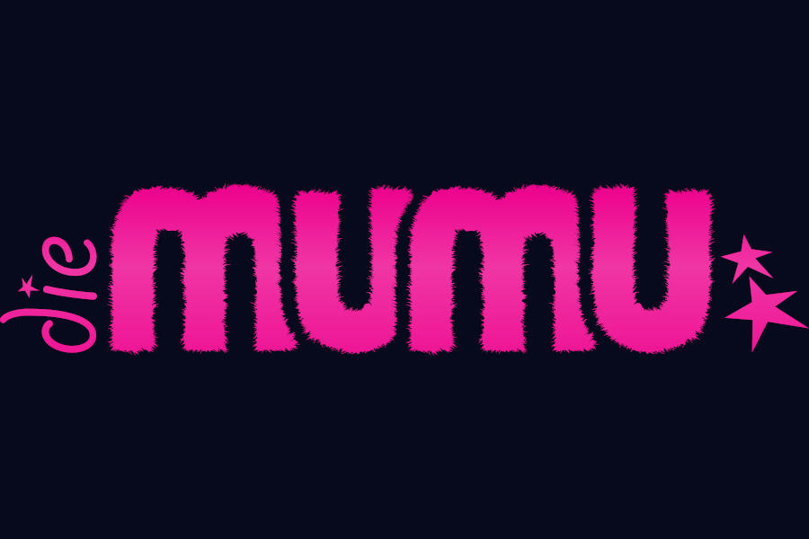 Large pink “die mumu” logo with decorative script on the left, two stars on the right, and a dark navy background.