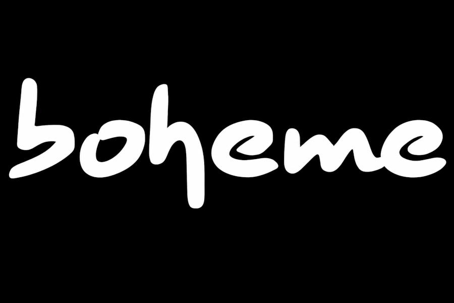 Logo of Houston’s Boheme bar displaying its name in bold, flowing white typography across a simple black background.