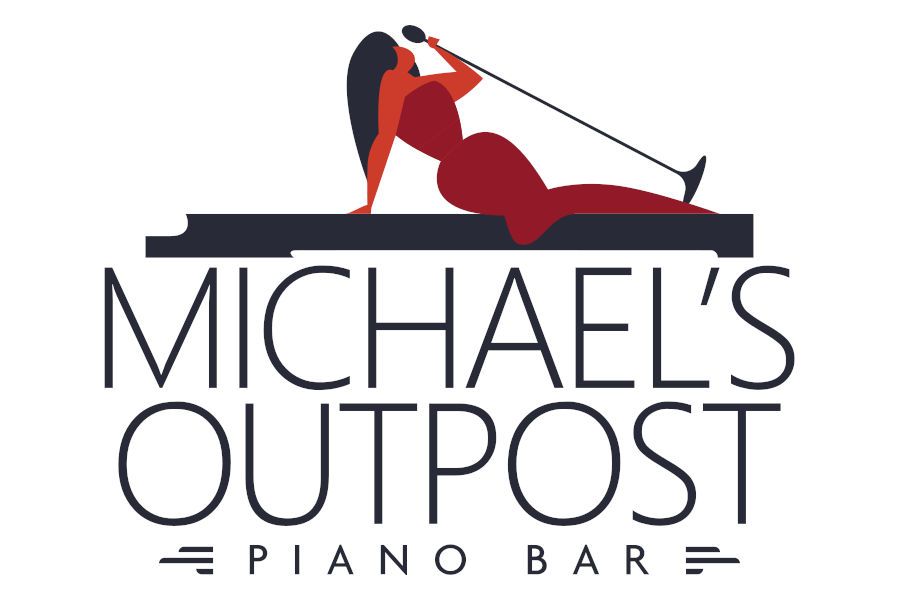 Logo of Houston’s Michael’s Outpost piano bar with a reclining singer holding a microphone above large black lettering.