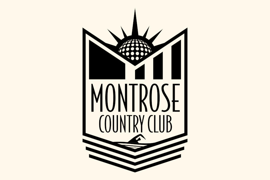Logo of Houston’s Montrose Country Club with a black geometric emblem, disco ball and stylized lettering on a cream background.