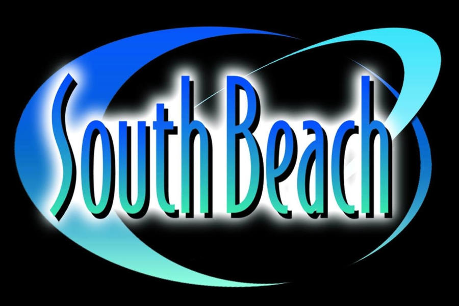 Logo of Houston’s South Beach nightclub showing blue and turquoise lettering with glowing effects against a black background.