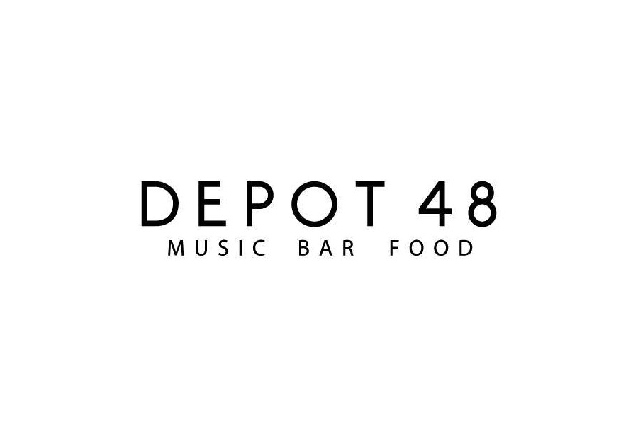 Black and white logo of Depot 48 with text “Music Bar Food” under the name.