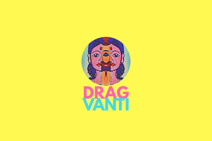 Yellow square with Dragvanti logo featuring an artistic dual-gender face