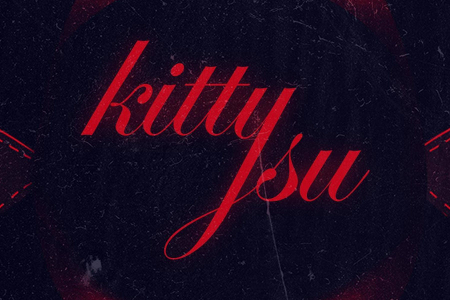 Kitty Su logo in red script with glossy red lips on a dark textured background.
