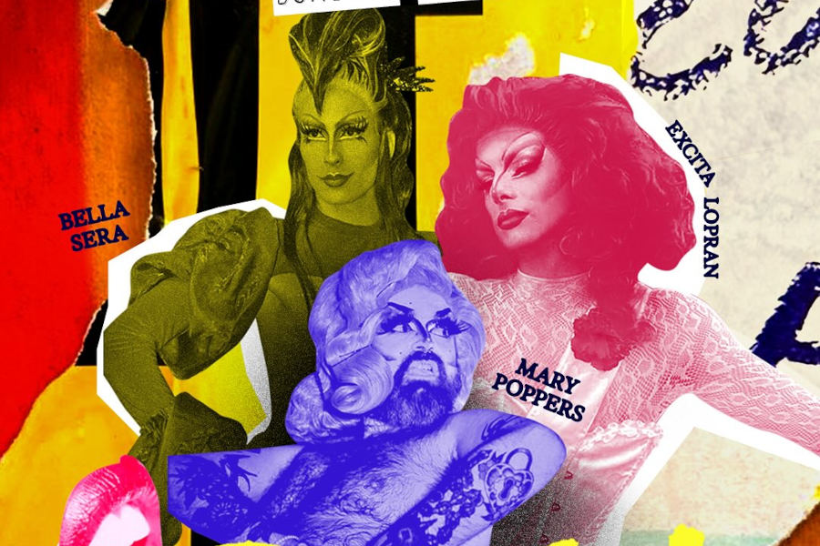 Cartaz do evento DIVÁ! no Drama Bar com as drag queens Mary Poppers, Excita Lopran e Bella Sera.