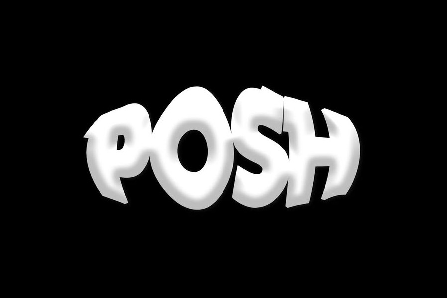 Logótipo do Posh Club com letras brancas suaves sobre um fundo escuro simples.