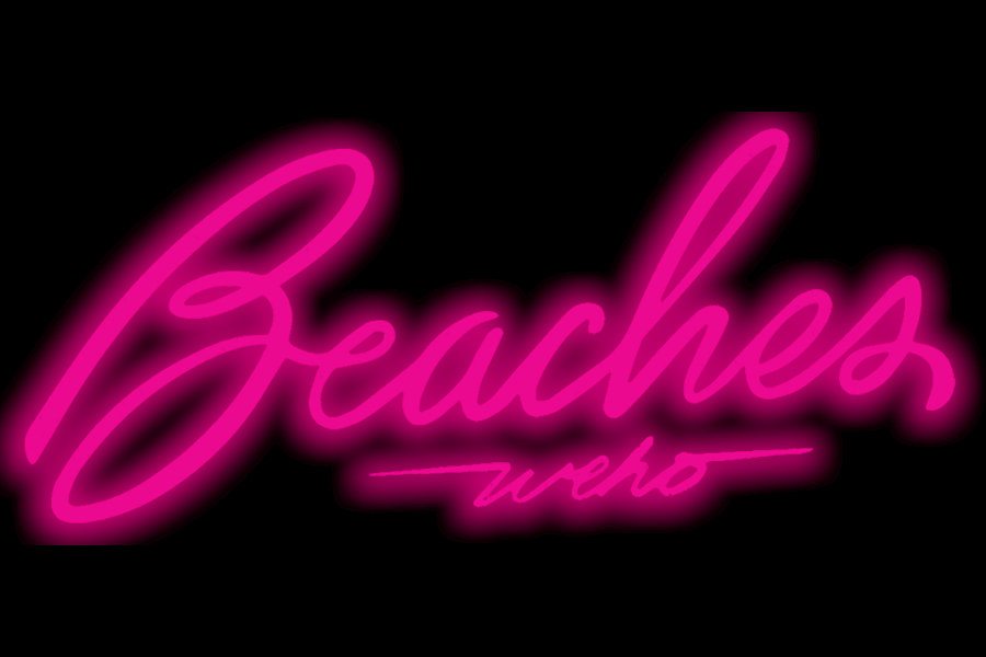 Logo of Beaches WEHO featuring the venue’s name in bright pink neon-style cursive lettering against a solid black background.