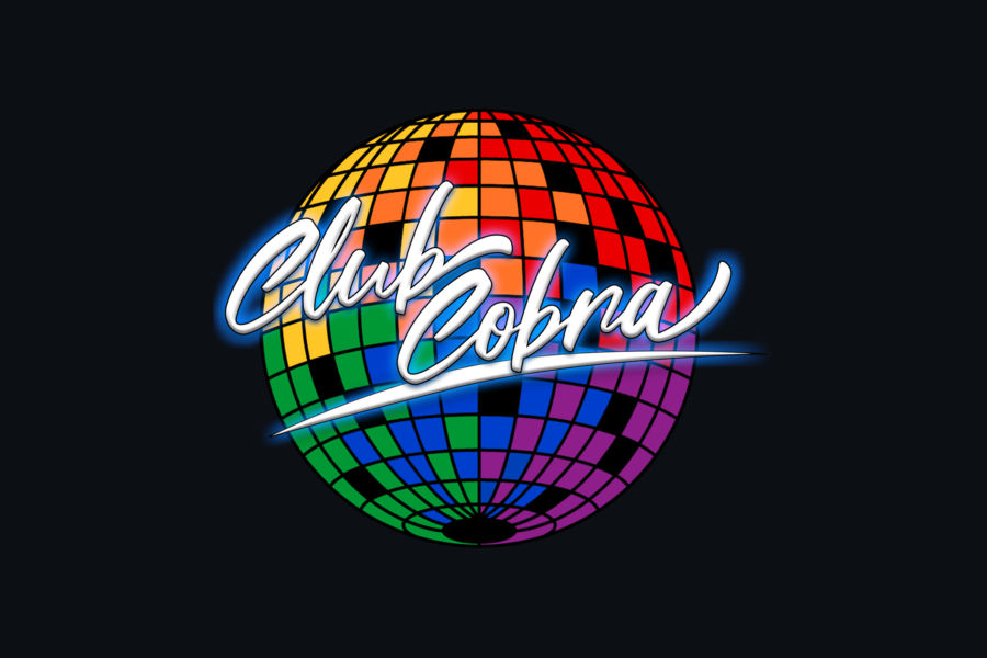 Logo of Club Cobra featuring the venue’s name in white cursive lettering across a rainbow-colored disco ball on a black background.