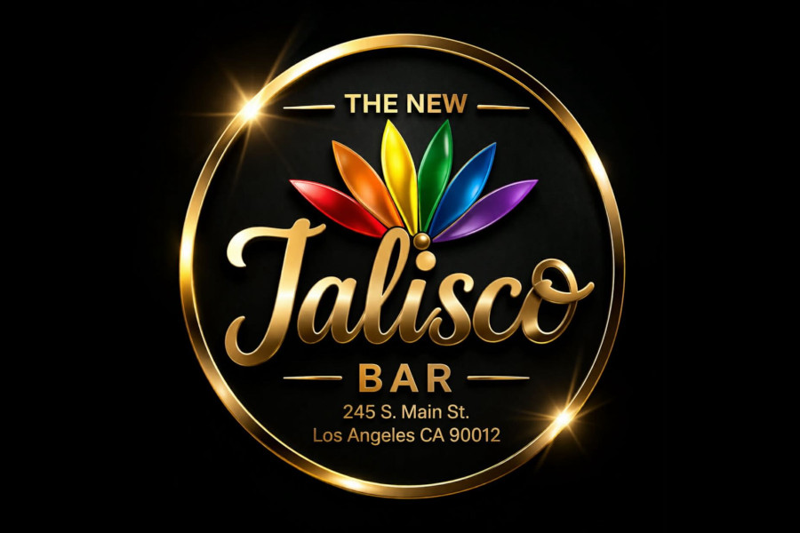 Logo of The New Jalisco Bar in gold on black, with colourful rainbow-like leaves above the name and the Los Angeles address below.