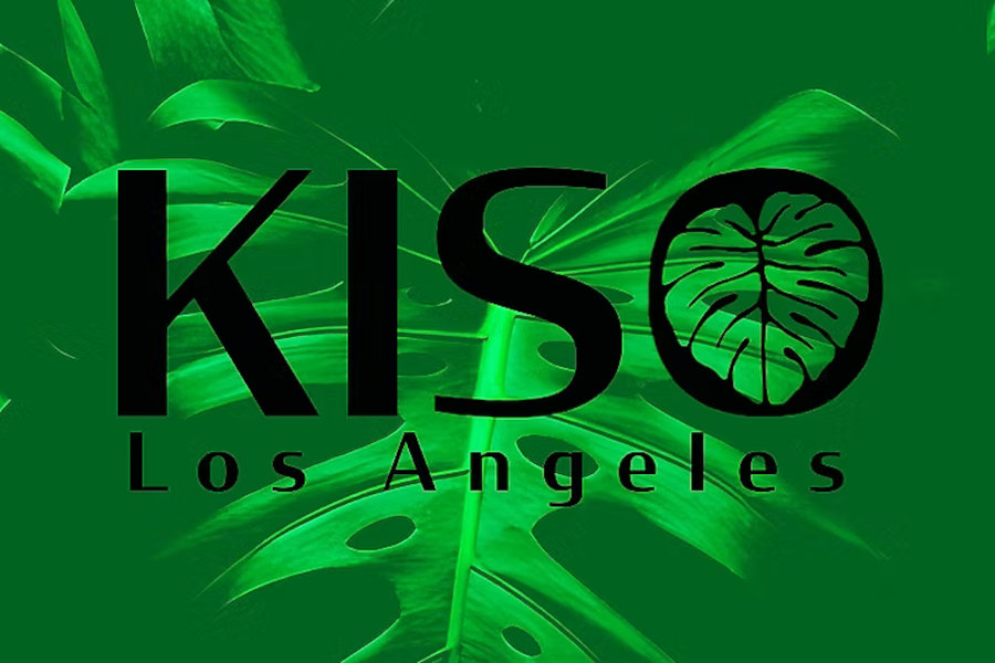 Logo of KISO Los Angeles displayed over bright green tropical foliage, with the letter O containing a stylized tropical leaf.