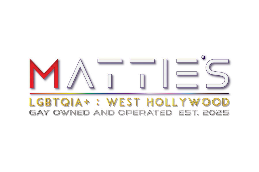 Logo of Mattie’s WeHo on a white background with LGBTQIA+ and West Hollywood in gold and Gay Owned and Operated underneath.