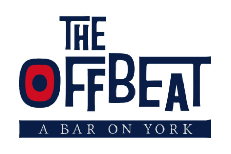 Logo of The Offbeat featuring irregular dark blue typography and a rounded red and blue O, with “A Bar on York” below the name.