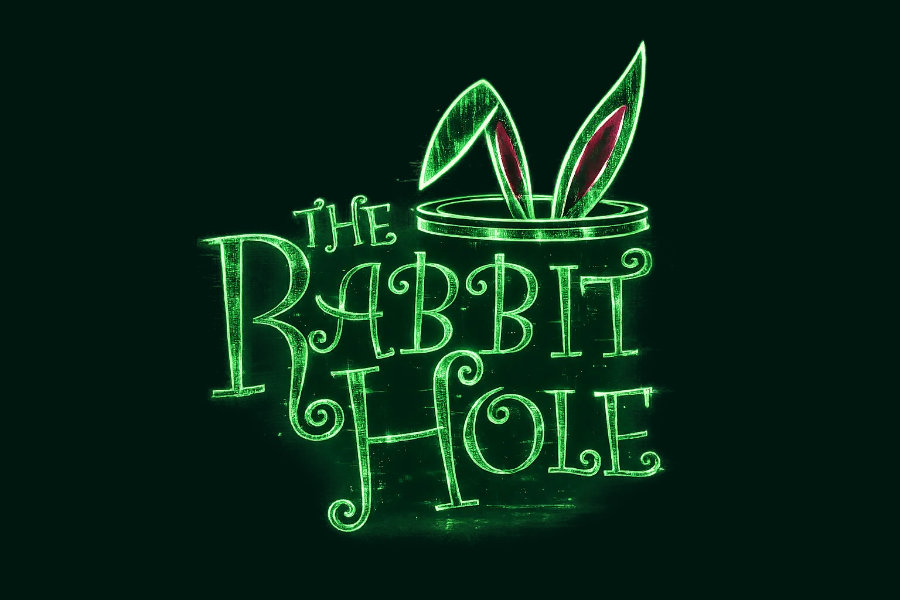 Logo of Down the Rabbit Hole with glowing green text and two green rabbit ears with pink centres rising from a top hat.