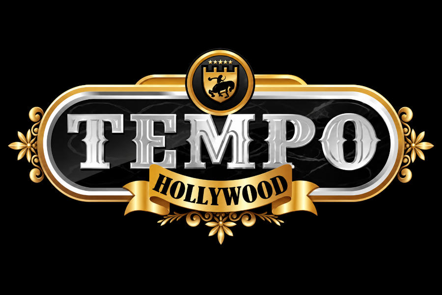 Logo of Club Tempo with large silver lettering, gold trim and decorative details displayed against a black background.