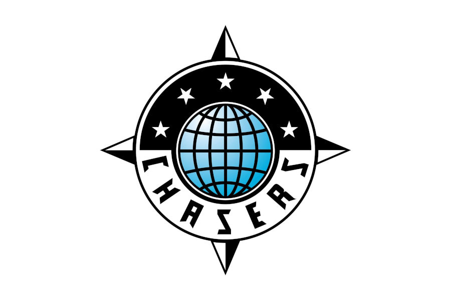 Logo of Chasers Nightclub in Melbourne with circular emblem, globe graphic and bold text.