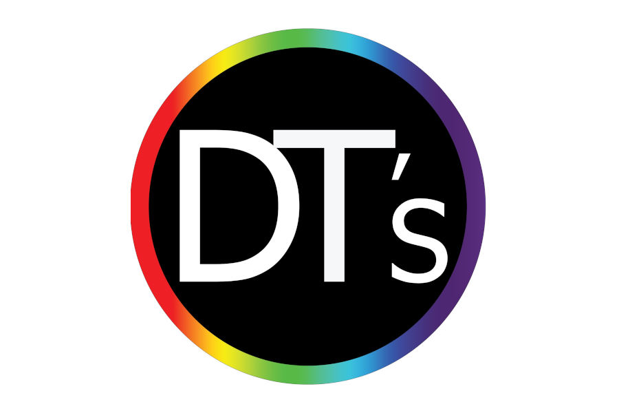 Logo of DT’s Hotel in Melbourne featuring minimalist white lettering with rainbow circular border.