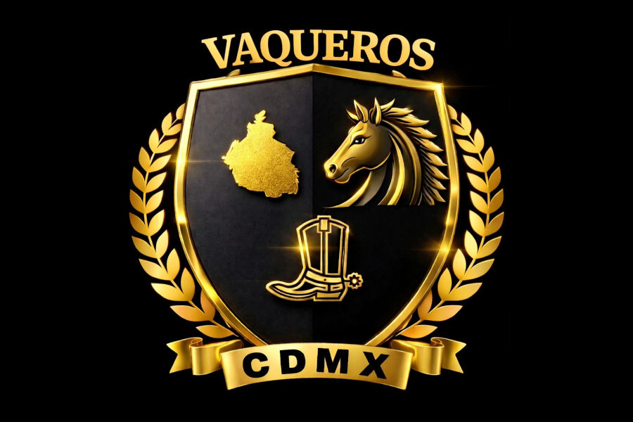 Logo del bar Vaqueros en CDMX con un escudo dorado, la cabeza de un caballo, una bota de vaqueto y el mapa de México sobre un fondo negro.