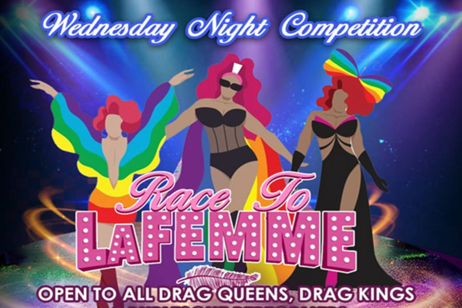 Three stylized drag figures with rainbow accents on a stage for Gay 90’s Race to LaFemme show.