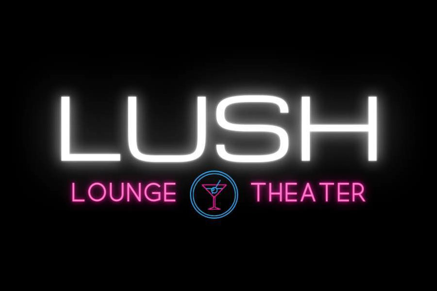 Neon-style logo of LUSH Lounge & Theater with white and pink glowing text on black background.