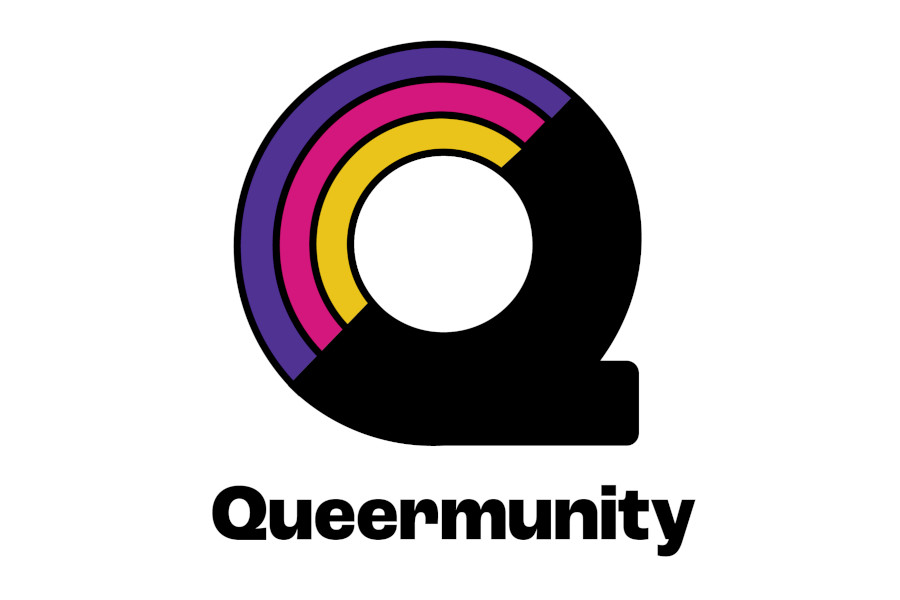 Stylized “Q” logo for Queermunity MN with black base and rainbow arcs in purple, pink, and yellow.