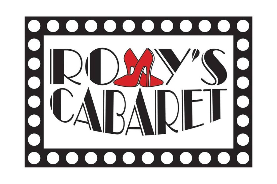 Logo of Roxy’s Cabaret in black font with red high heels and dotted marquee frame.