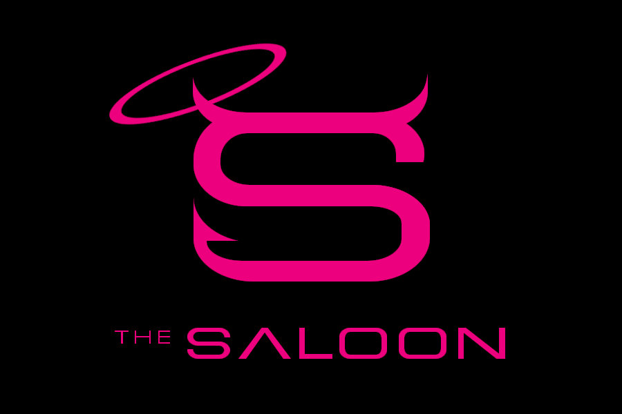 Neon pink emblem of The Saloon featuring abstract S-shape and floating halo.